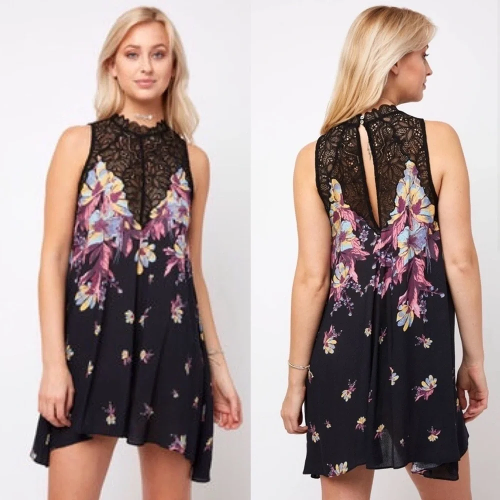 Free People‎ Intimately Floral Lace Mini Dress Black Multicolor Size M